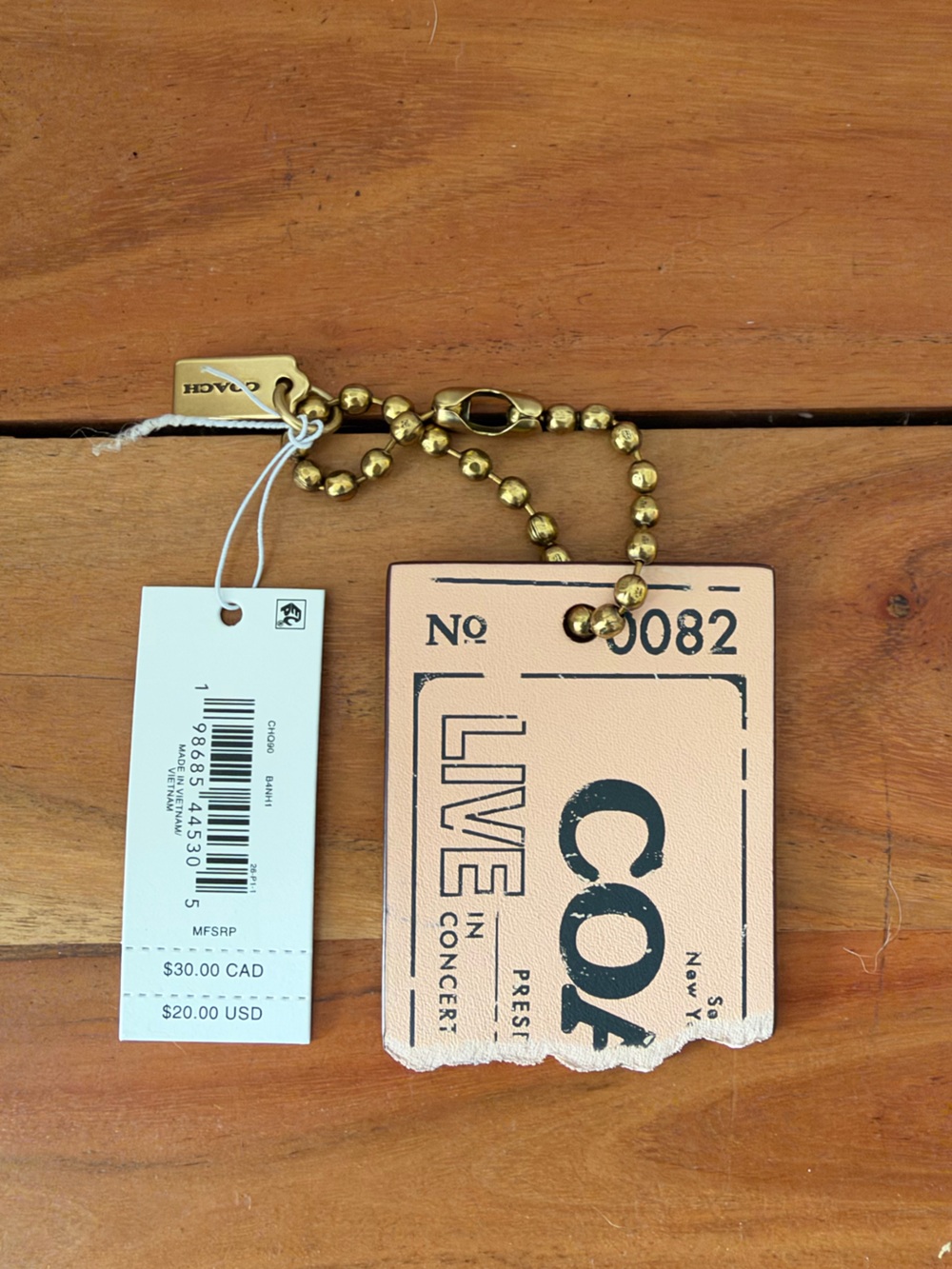 Coach Pale Pink Live In Concert Leather Tag with Gold Ball Chain NWT